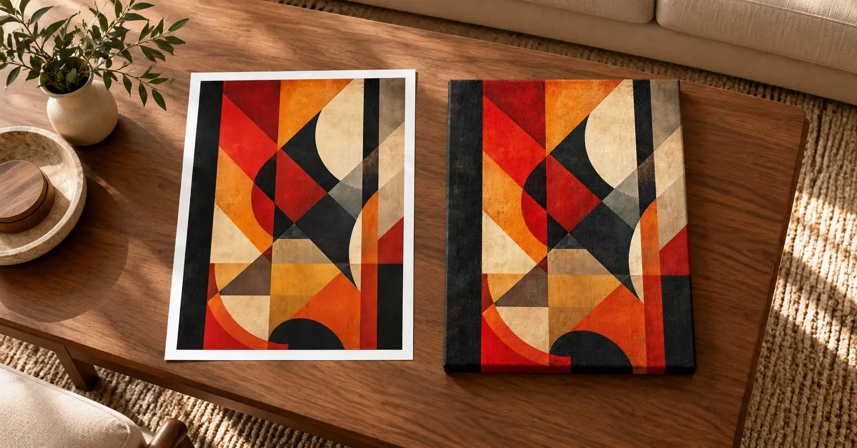 Canvas vs paper prints comparison featuring KalaKraft's Ember Geometry artwork in both formats
