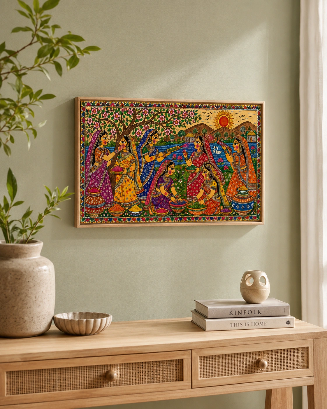 Rang Utsav by the Lotus Lake Indian folk artwork for living room