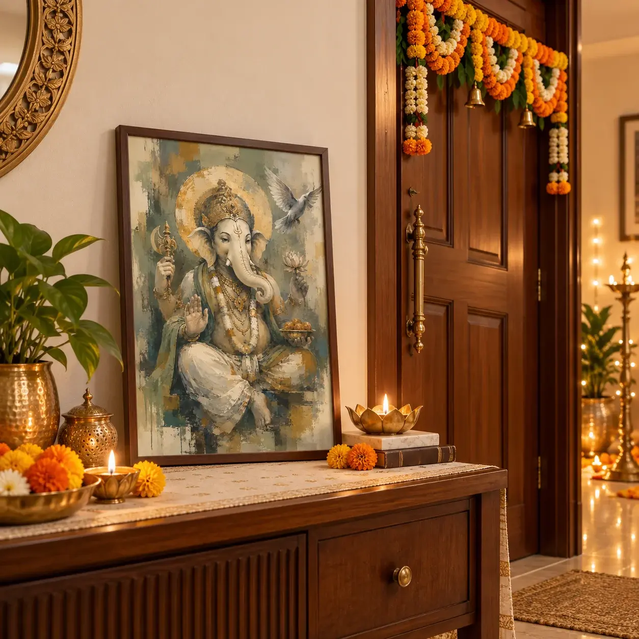 Diwali entrance wall decoration with a framed Ganesha print beside a toran