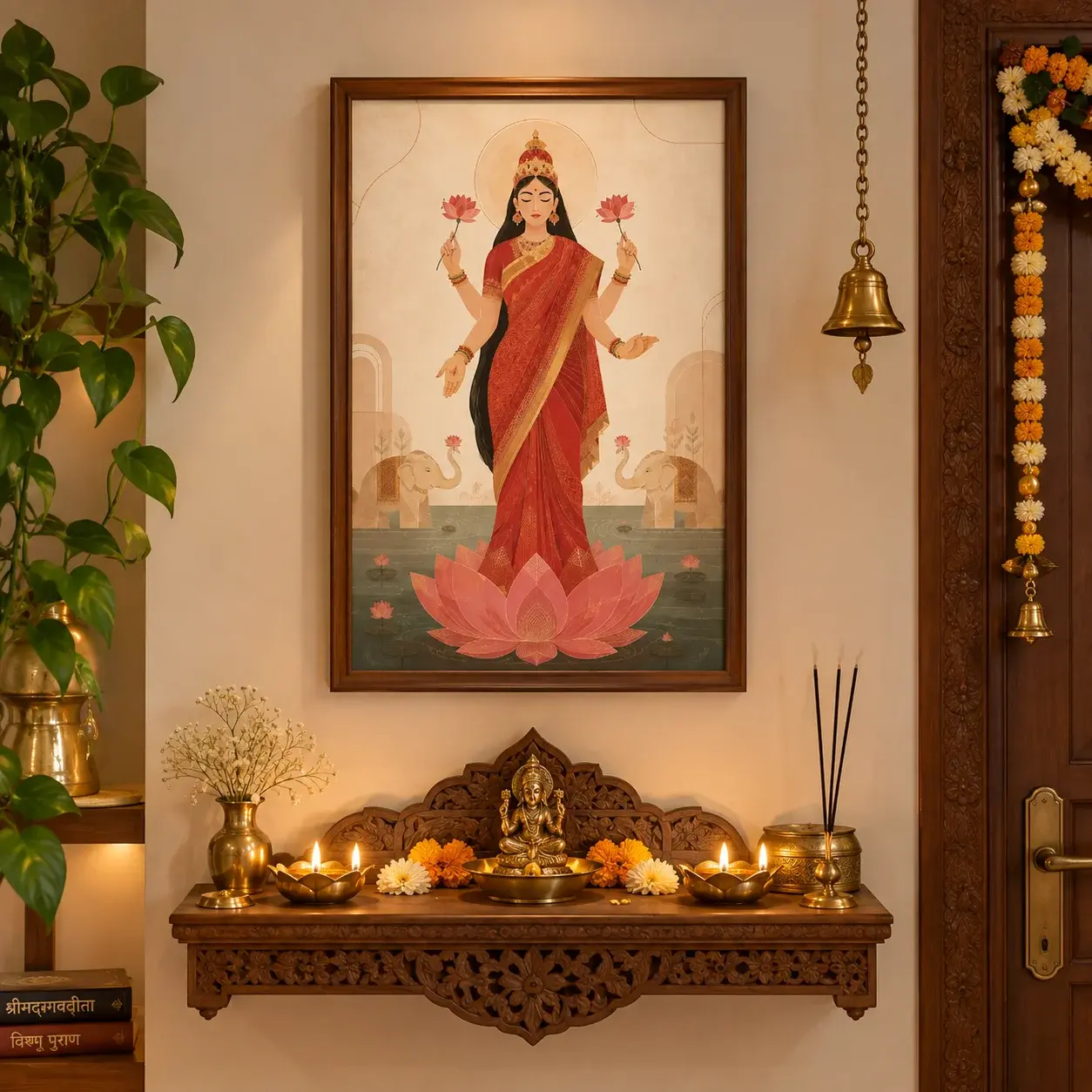 Mandir wall decoration for Diwali with a Padma Lakshmi painting above diyas