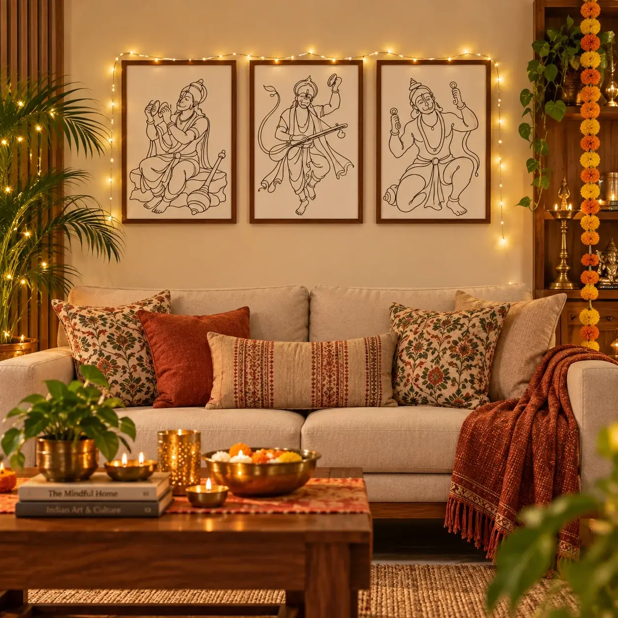 Diwali wall decoration with lights: fairy lights along the frames of a triptych