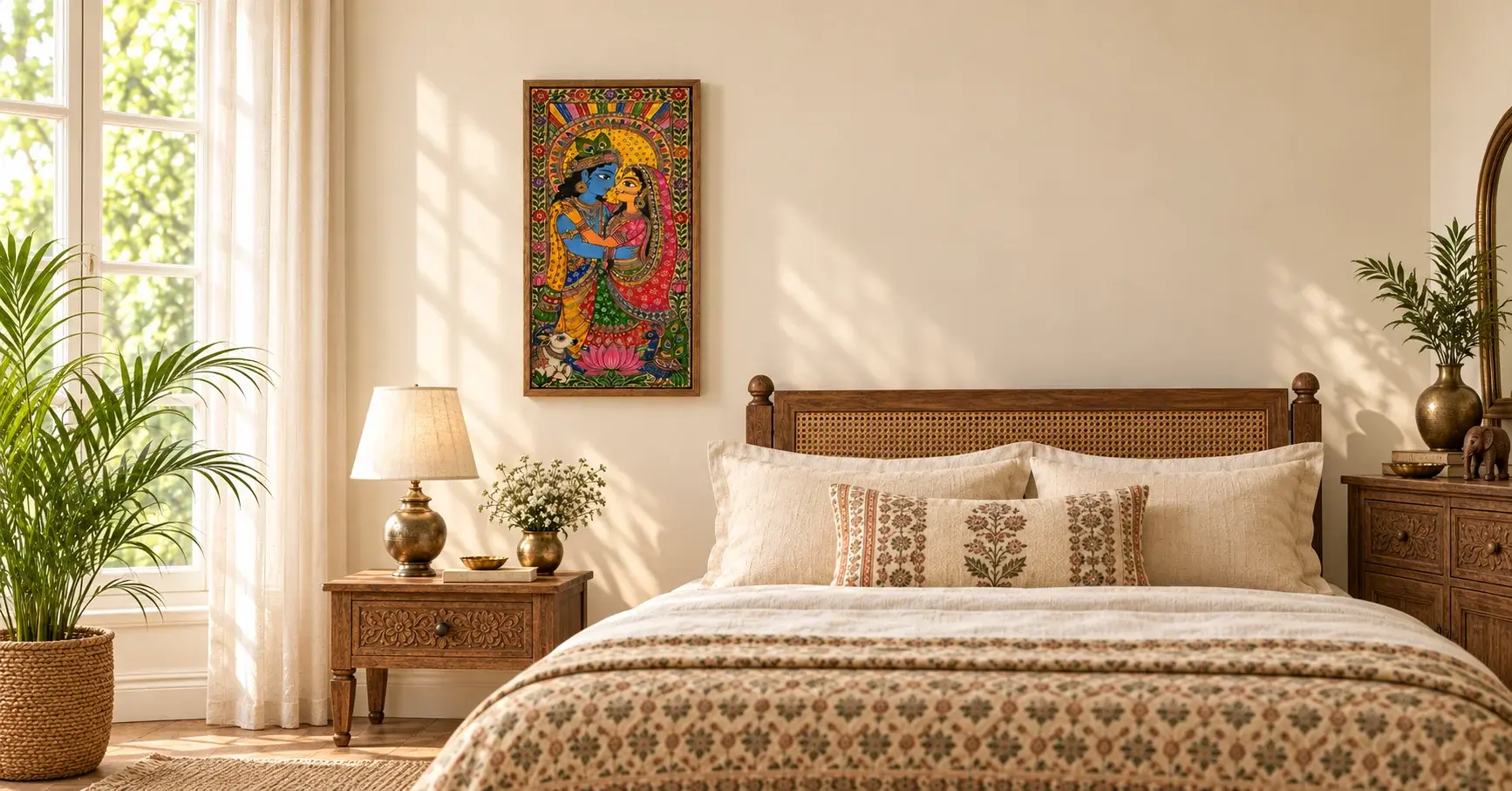Radha Krishna painting for bedroom wall beside a bed