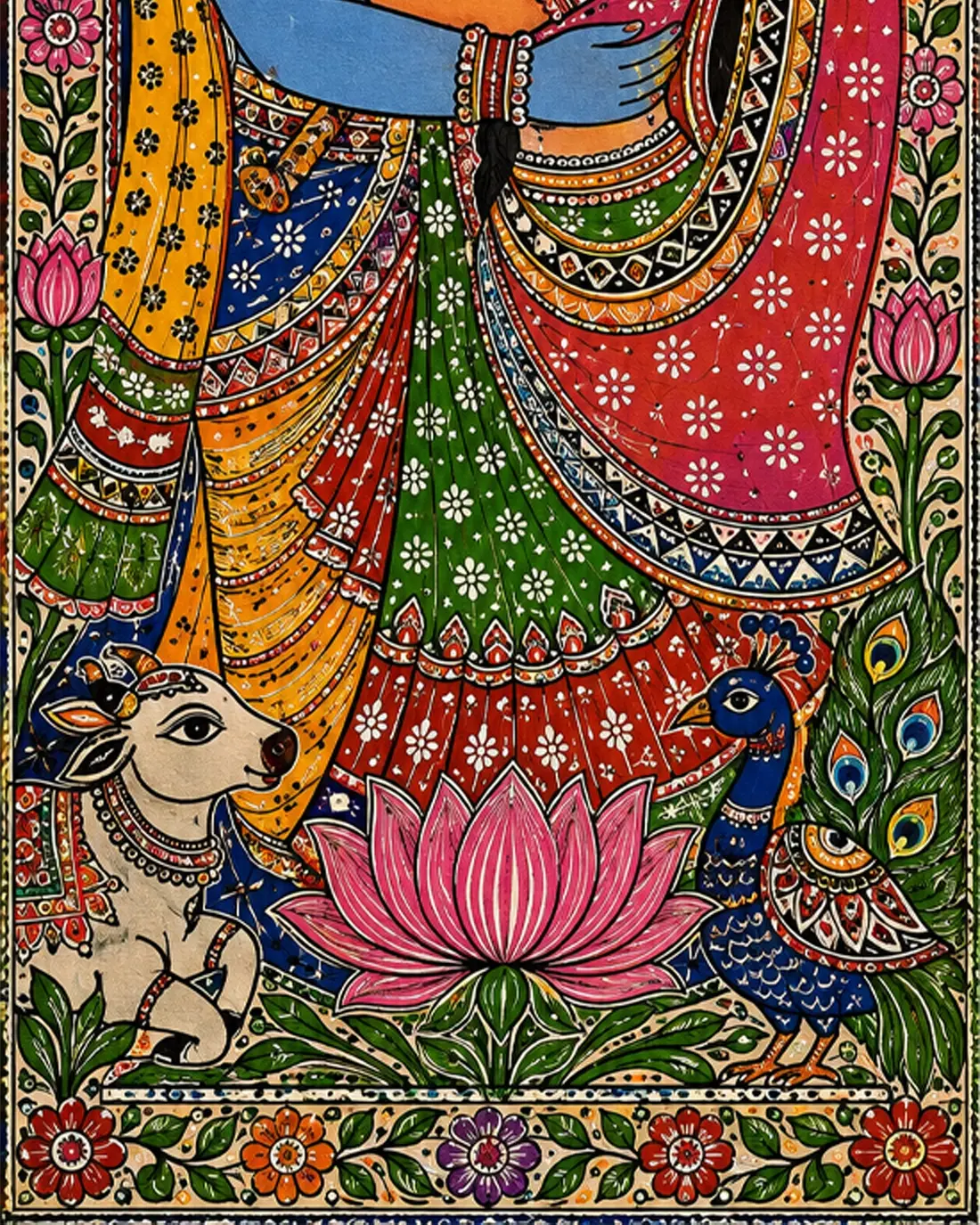 Lotus, peacock and cow detail in a Radha Krishna painting