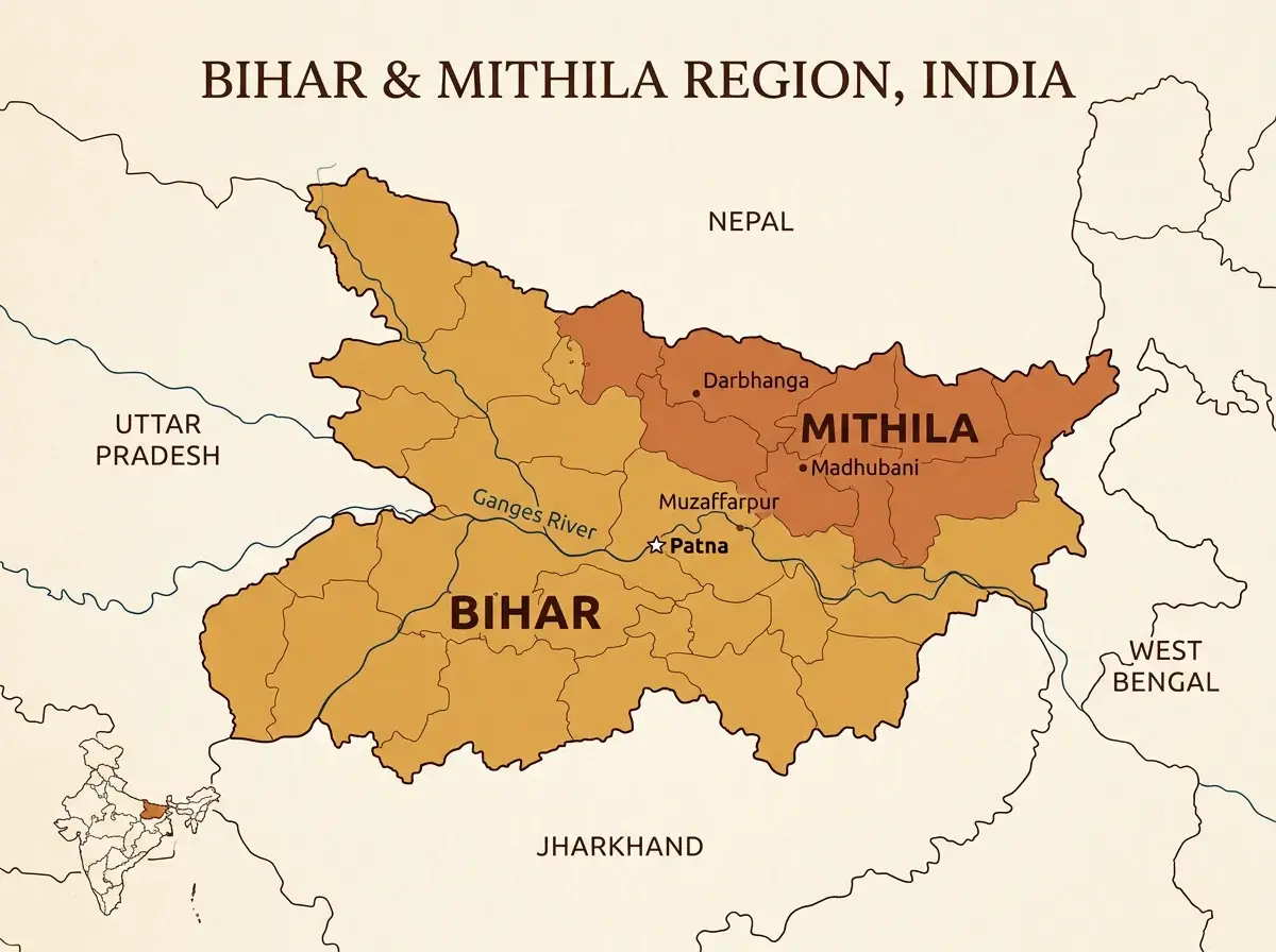 Map showing Bihar and the Mithila region, home of Madhubani painting