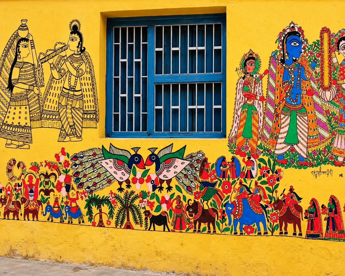 Traditional Madhubani painting on a mud-plastered Mithila house wall