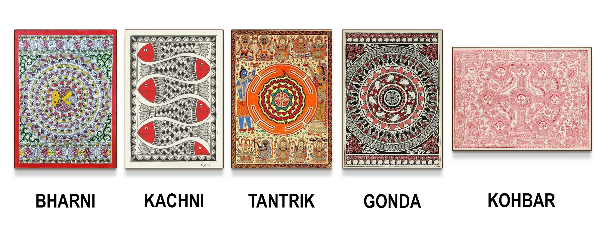 Five Madhubani painting styles: Bharni, Kachni, Tantrik, Godna and Kohbar