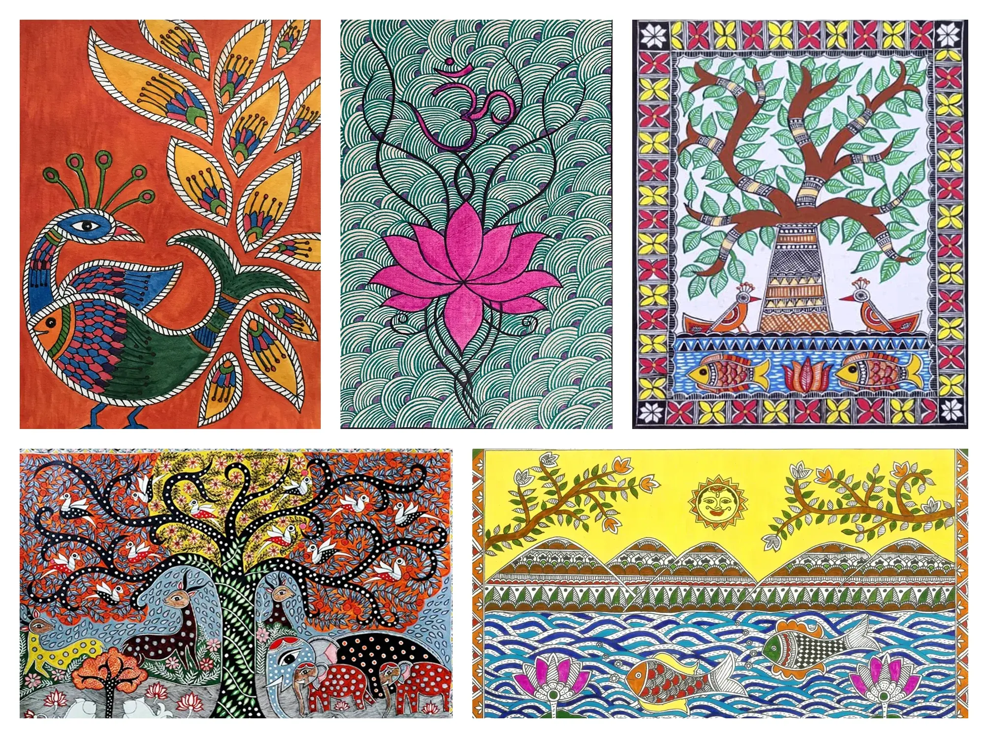 Madhubani painting showing traditional fish, lotus, peacock and bamboo motifs