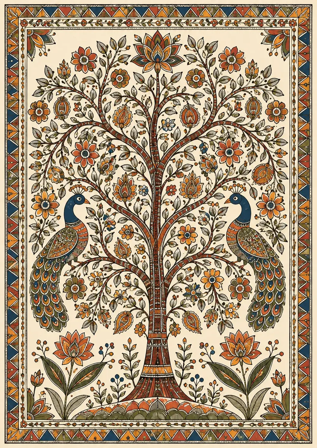Peacocks Beneath the Tree of Life Madhubani art print