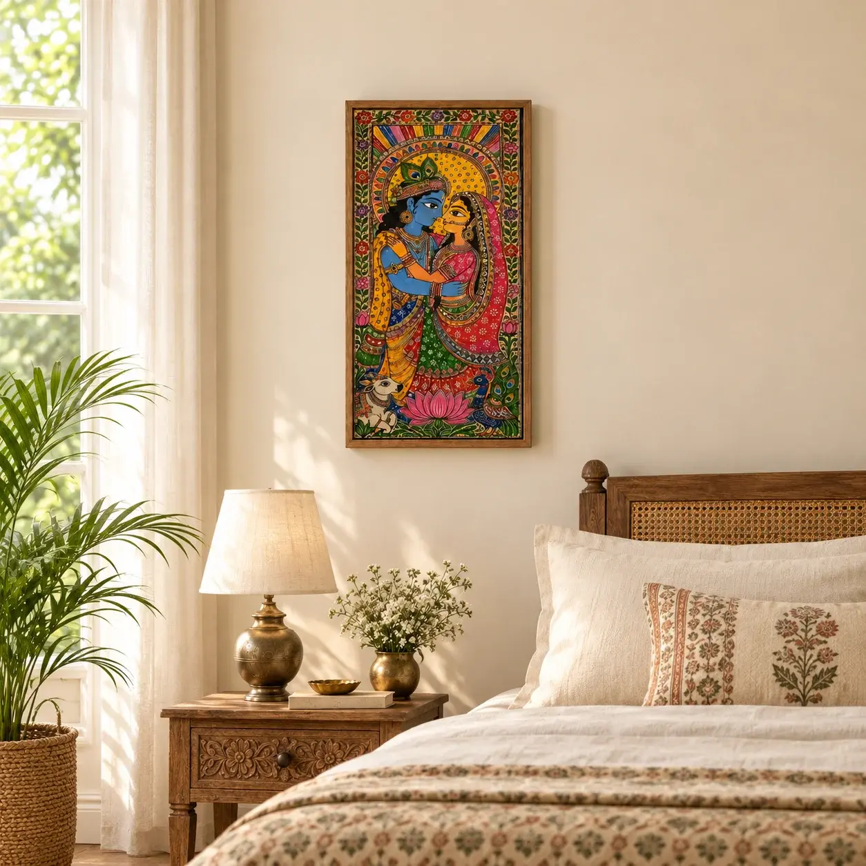 Radha Krishna painting given as a wedding gift, hung above a console