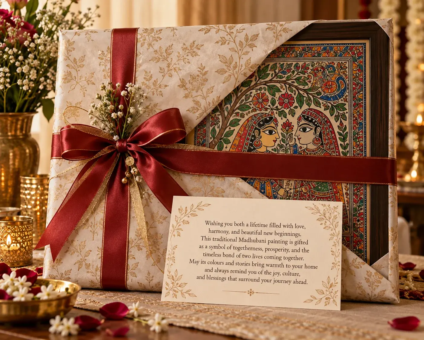 A handwritten note explaining the meaning of a wedding gift painting