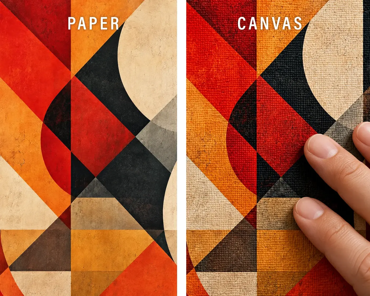Close-up comparison of KalaKraft paper and canvas prints showing their surface finishes